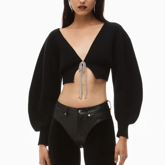 Alexander Wang Black v-neck cropped cardigan in boiled wool - Picture 2 of 3
